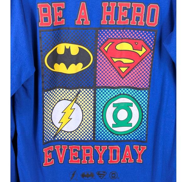 Justice League Be A Hero Long Sleeve Shirt XL Blue Superman Batman Flash Lantern - Picture 2 of 4